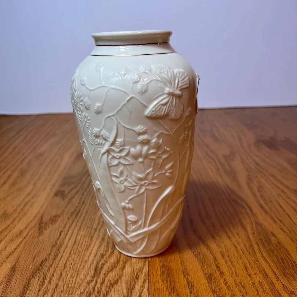 Belleek Collectors Society Butterfly Vase Irish Porcelain Embossed Floral Gold